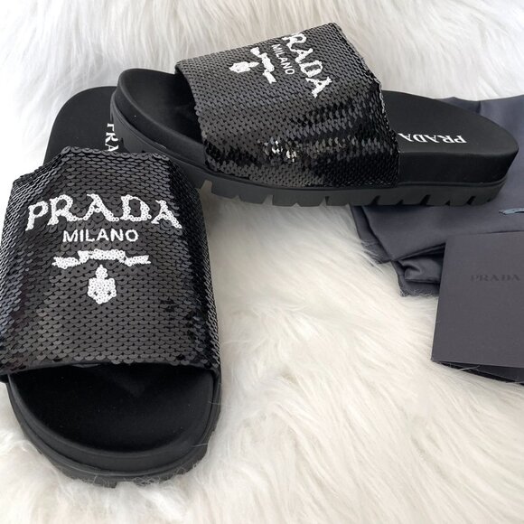 Prada Black Sequin White Logo Slide Sandal - Picture 4 of 12